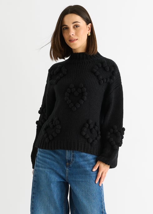 Jersey de cuello alto de punto grueso Heart Bubble negro - Image 4