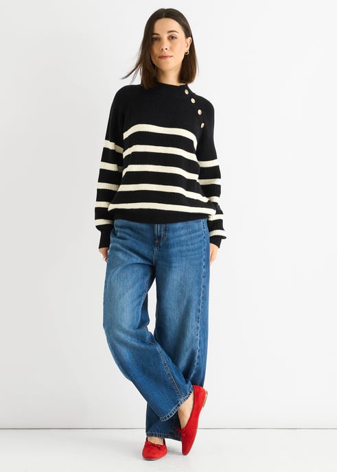 Jersey oversize de punto trenzado con rayas negras y botones - Image 1