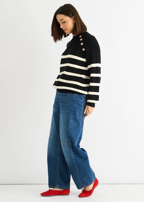 Jersey oversize de punto trenzado con rayas negras y botones - Image 3