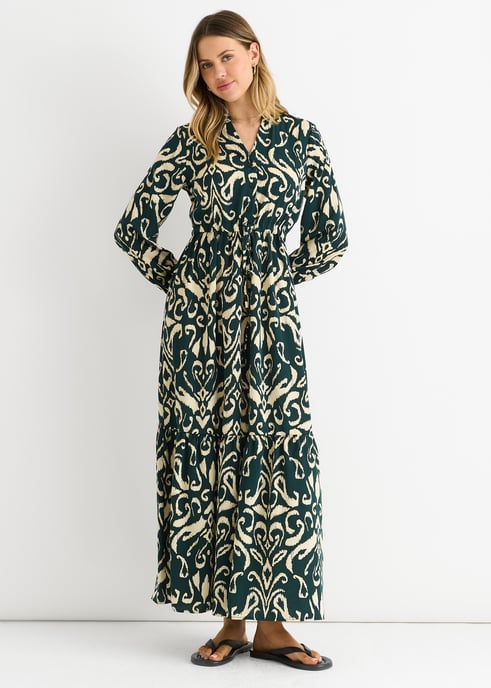 Maxivestido con cintura lazada y estampado ikat verde - Image 1