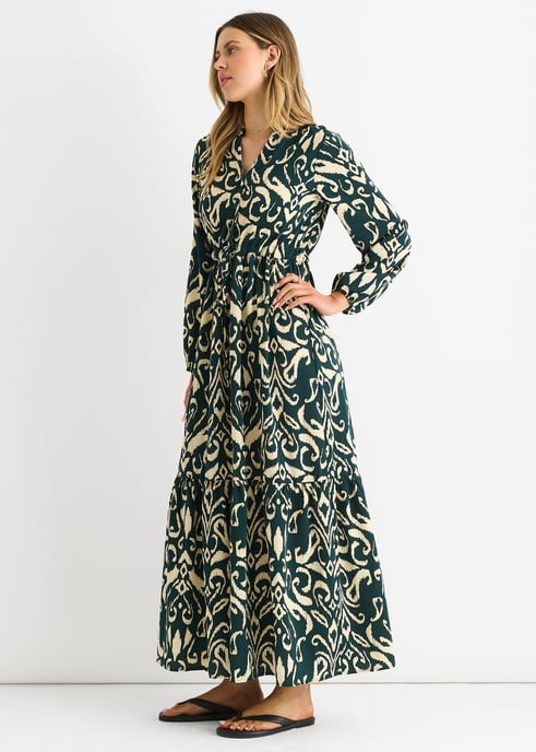 Maxivestido con cintura lazada y estampado ikat verde - Image 3