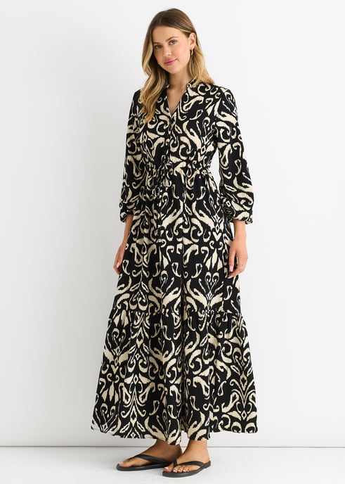Maxivestido con cintura lazada y estampado ikat negro - Image 3