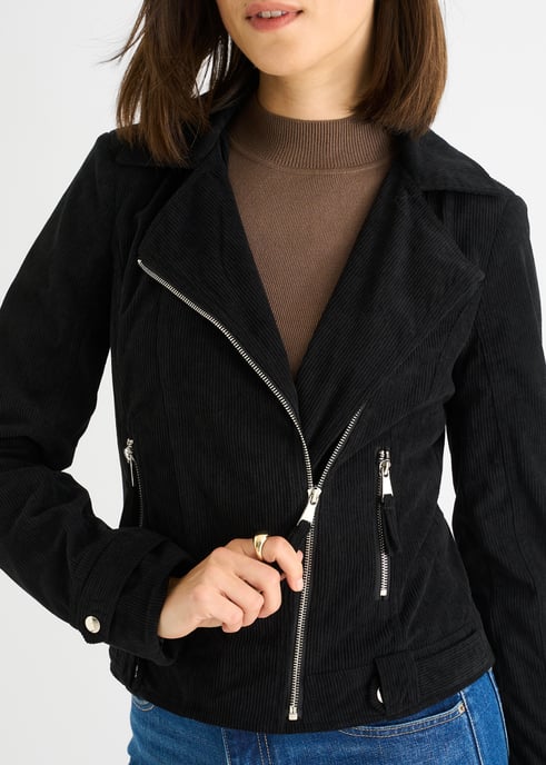 Chaqueta motera de pana negra con cremallera - Image 2