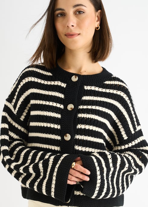 Cardigan corto de punto trenzado con rayas negras - Image 2