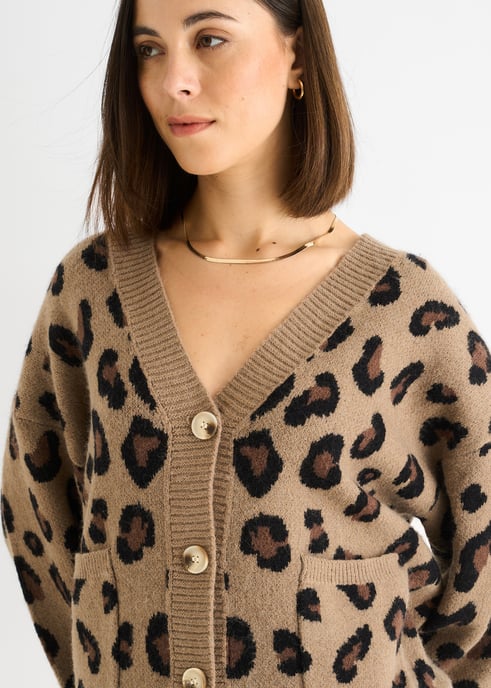 Chaqueta corta de punto con estampado animal camel - Image 3