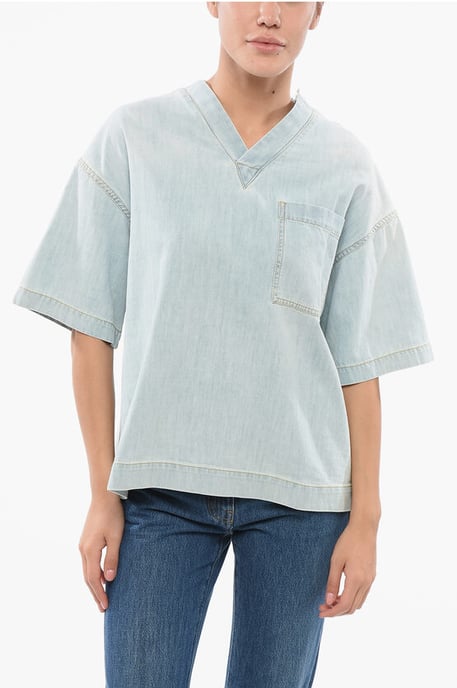 Blusa vaquera lavada clara con bolsillo en el pecho en azul claro - Image 1