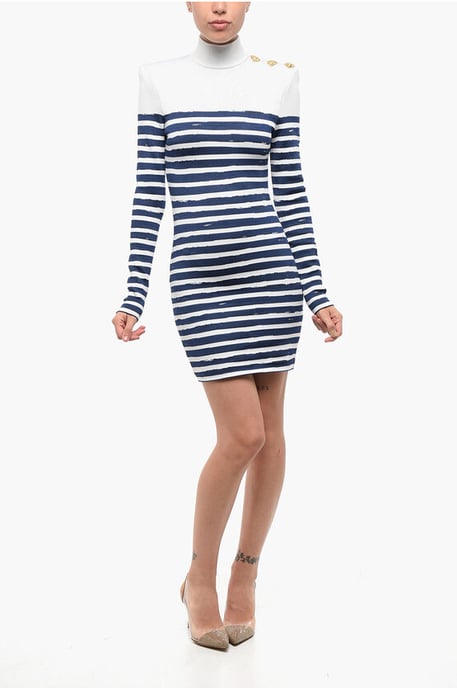 Vestido mini ajustado de rayas bicolor con corazones dorados en blanco y azul - Image 1