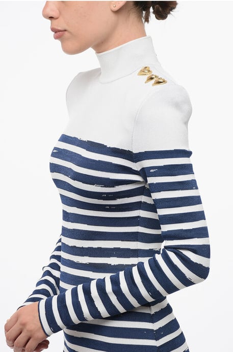 Vestido mini ajustado de rayas bicolor con corazones dorados en blanco y azul - Image 3