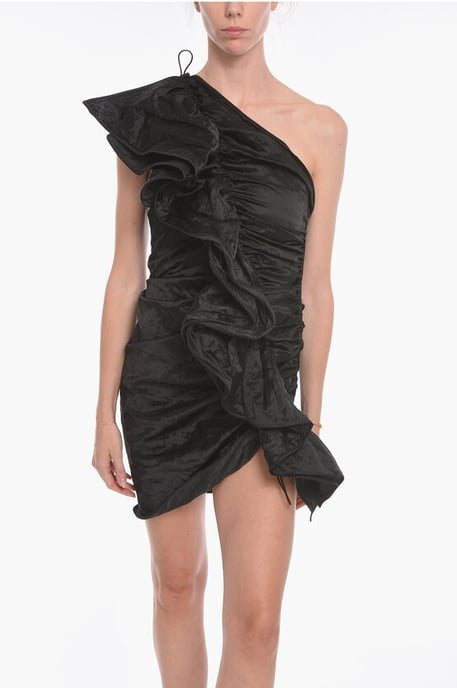 Vestido de satén con volantes y un solo hombro en negro - Image 4