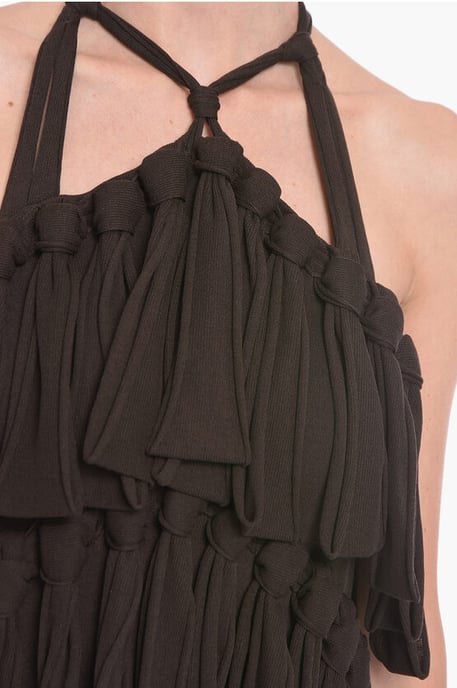 Vestido de mezcla de seda con cuello halter y lazos en marrón - Image 3