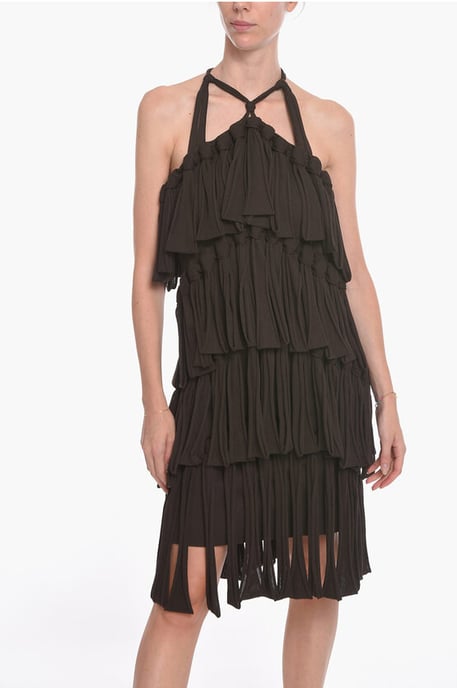 Vestido de mezcla de seda con cuello halter y lazos en marrón - Image 4
