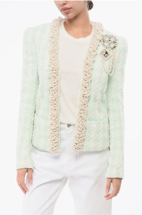 Blazer de tweed SIDE TO SIDE con perlas decorativas en azul claro - Image 1