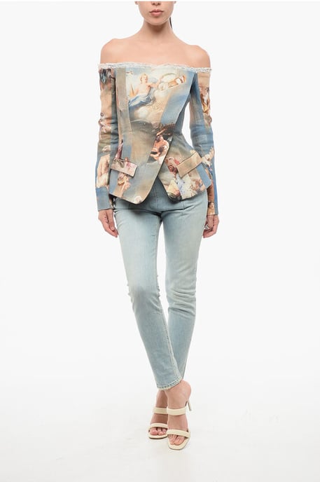 Blazer de lino estampado con hombros descubiertos en multicolor - Image 4