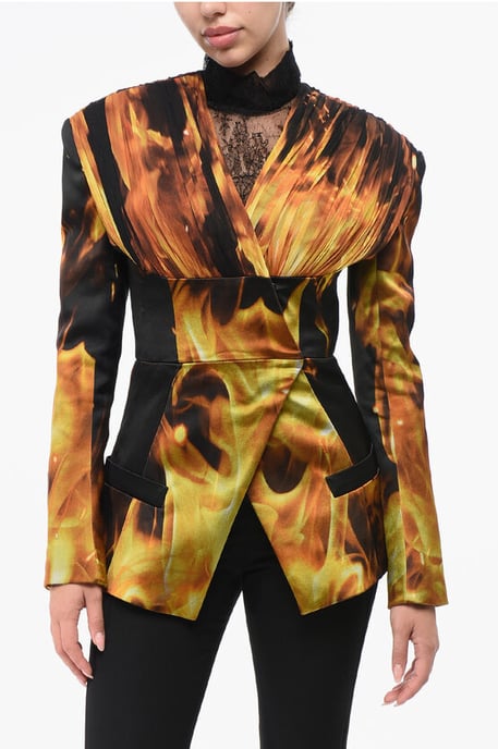 Blazer sin cuello FIRE de satén estampado en naranja - Image 1