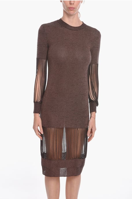 Vestido midi de viscosa metalizada con detalles de cadena en marrón - Image 4