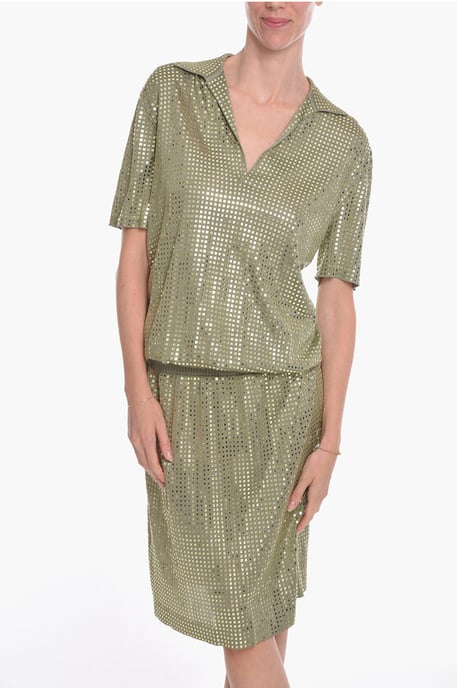 Vestido midi de punto de seda con tachuelas espejadas en verde - Image 4