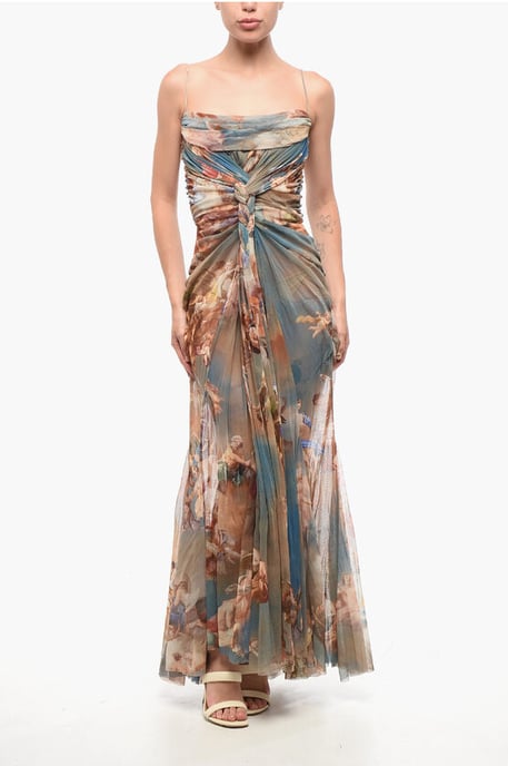 Vestido largo de tul drapeado con estampado multicolor - Image 1