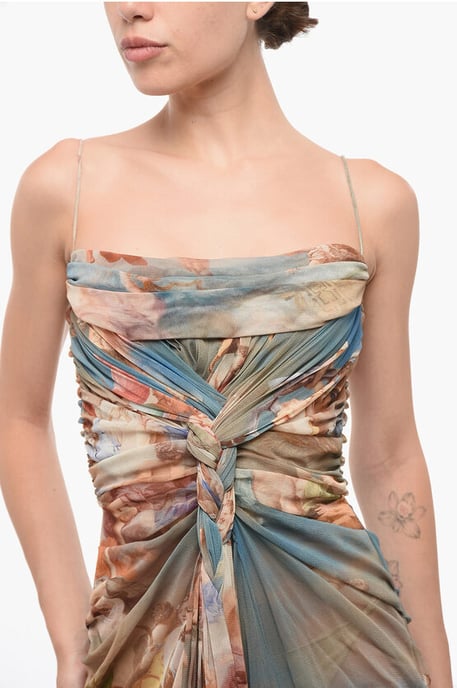 Vestido largo de tul drapeado con estampado multicolor - Image 3