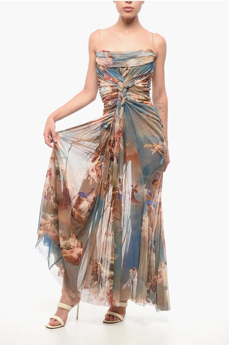 Vestido largo de tul drapeado con estampado multicolor - Image 4