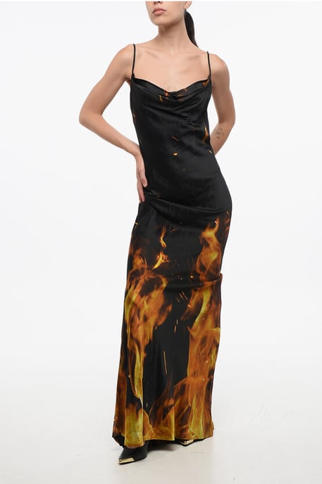 Vestido largo de satén con estampado de llamas en Arancio y Nero - Image 1