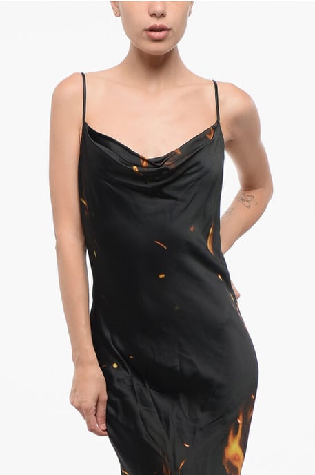 Vestido largo de satén con estampado de llamas en Arancio y Nero - Image 3