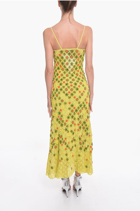 Vestido evasé de viscosa y crochet con motivo floral de cuentas en verde - Image 2