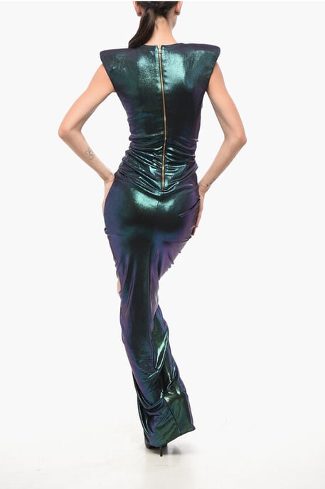 Vestido largo drapeado con efecto iridiscente y abertura frontal en multicolor - Image 2
