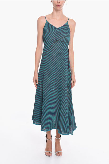 Vestido largo de mezcla de algodón a rayas con cordón en azul claro - Image 1