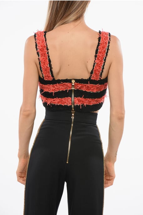 Top corto de tweed a rayas bicolor en negro y rojo - Image 2