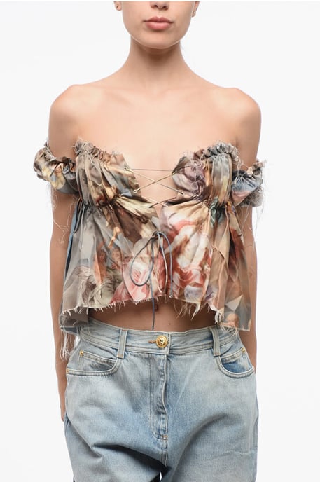 Top de seda con hombros descubiertos y estampado multicolor - Image 1