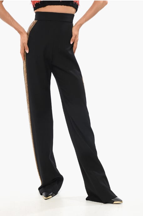 Pantalones de lana de cintura alta con bandas laterales adornadas con joyas en negro - Image 1