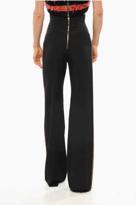 Pantalones de lana de cintura alta con bandas laterales adornadas con joyas en negro - Image 2
