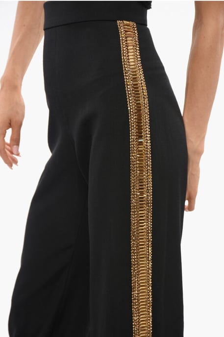 Pantalones de lana de cintura alta con bandas laterales adornadas con joyas en negro - Image 3