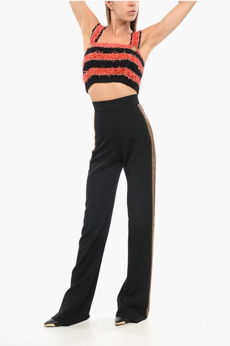 Pantalones de lana de cintura alta con bandas laterales adornadas con joyas en negro - Image 4