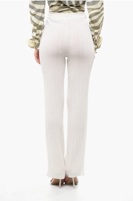 Pantalones de lana virgen acanalados de cintura alta en blanco - Image 2