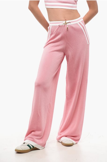 Pantalones casuales de cintura alta con cinturilla elástica en rosa - Image 1