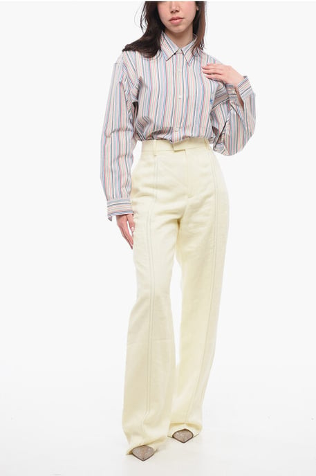 Pantalones de lino puro con pinzas delanteras bordadas en amarillo - Image 3
