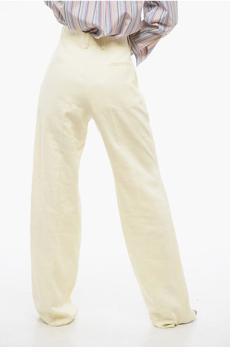 Pantalones de lino puro con pinzas delanteras bordadas en amarillo - Image 4