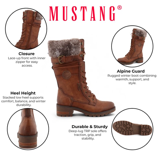 Botas de combate Mustang de invierno de piel sintética marrón de media pantorrilla para mujer - Image 2
