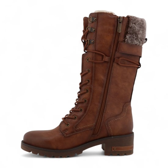 Botas de combate Mustang de invierno de piel sintética marrón de media pantorrilla para mujer - Image 4