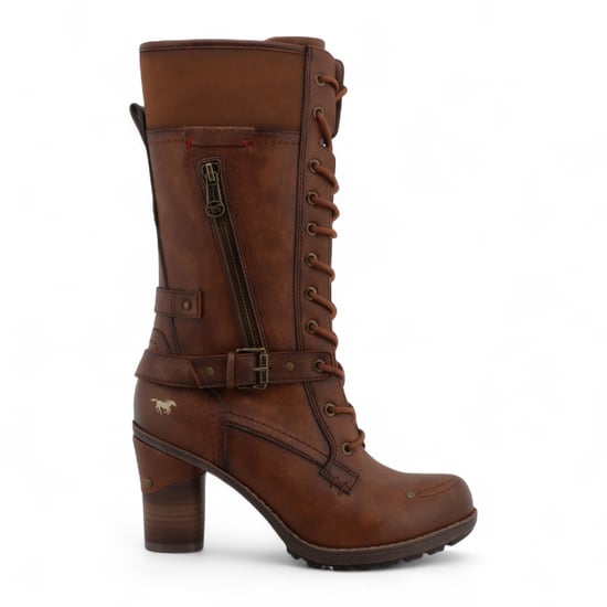 Botas de combate Mustang de tacón medio con cordones y color marrón para mujer - Image 1