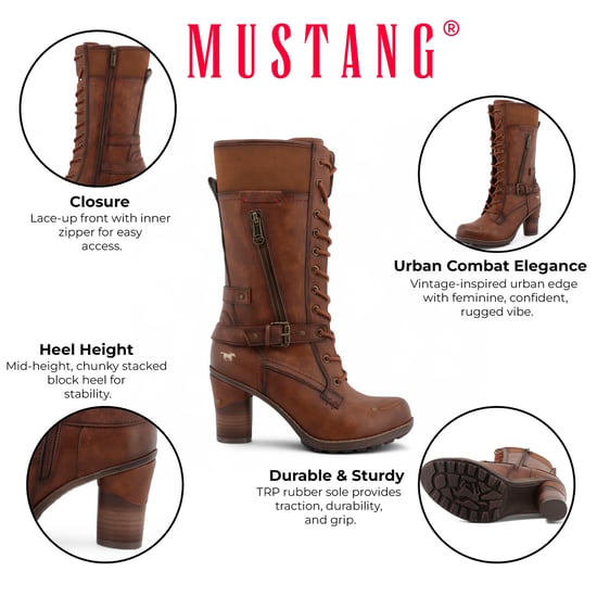 Botas de combate Mustang de tacón medio con cordones y color marrón para mujer - Image 2