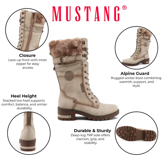 Botas de combate de invierno Mustang para mujer, de piel sintética, color blanco roto, hasta media pantorrilla - Image 2
