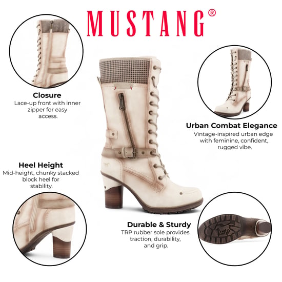 Botas de combate Mustang para mujer, de media caña, con cordones y tacón, en color blanco crema - Image 2