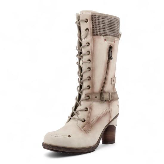 Botas de combate Mustang para mujer, de media caña, con cordones y tacón, en color blanco crema - Image 3