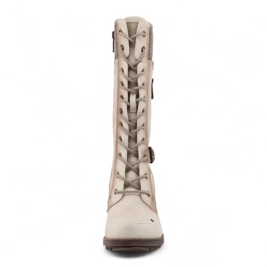 Botas de combate Mustang para mujer, de media caña, con cordones y tacón, en color blanco crema - Image 4
