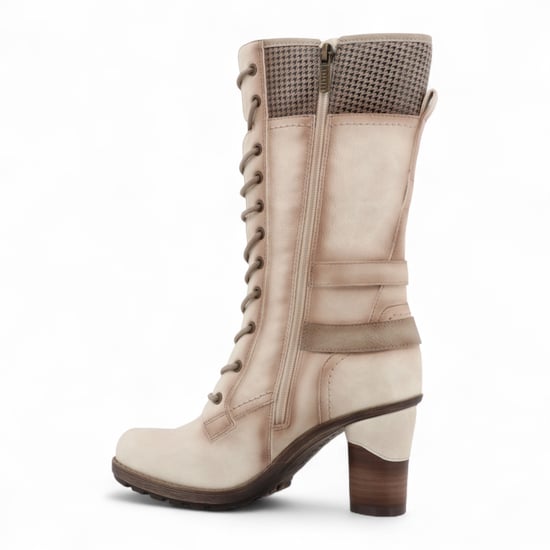Botas de combate Mustang para mujer, de media caña, con cordones y tacón, en color blanco crema - Image 5