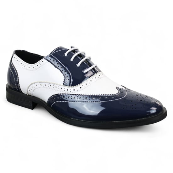 Zapatos de vestir elegantes tipo brogue azul marino con cordones y charol para hombre - Image 3