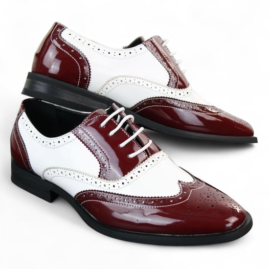 Zapatos de vestir elegantes con cordones en charol rojo y blanco para hombre - Image 3