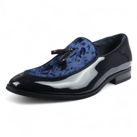 Mocasines de terciopelo azul marino con borlas y charol para hombre - Image 3